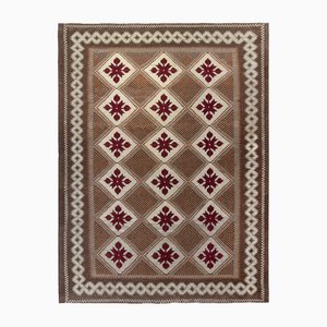 Handgewebter Vintage Kelim Teppich mit Blumenmuster in Beige-Braun, Grau und Rot