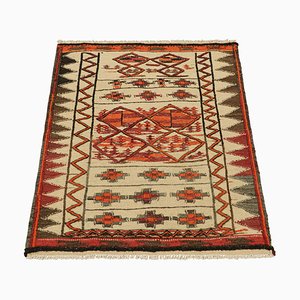 Vintage Kelim in Beige-Braun mit geometrischem Muster in Orange und Rot