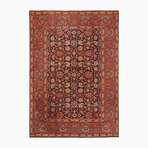 Tappeto antico europeo in nero e rosso con motivi floreali