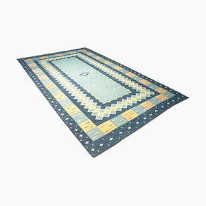 Vintage Dhurrie Teppich in Blau mit geometrischem Muster