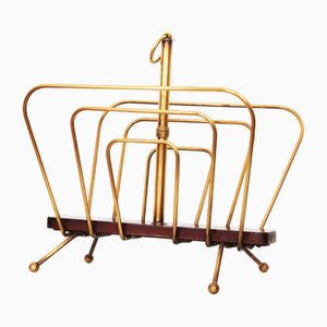 French Magazine Rack in Brass and Wood attributed to Jacques Adnet, 20th Century