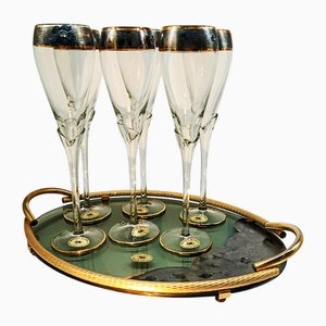 Glasses and Tray in Murano Glass with Hand-Decorated 24 Karat Gold Finishes from GN Murano, 1970s, Set of 7
