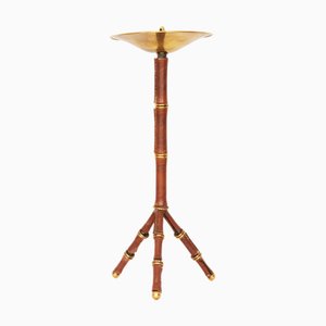 Round Smoking Table in Brown Leather and Gilt Metal attributed to Jacques Adnet, 20th Century