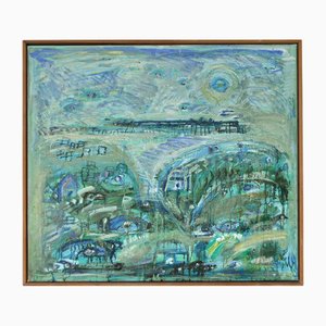 Mette Birckner, Abstract Impressionist Turquoise Town with Animals, 2018, Olio su tela