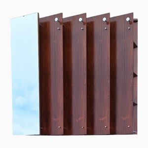 Wide German Teak Wall Coat Rack with Chrome-Plated Metal Hooks, Small Integrated Shelf and Removable Mirror, 1970s
