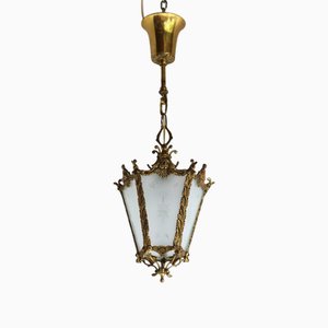 Small French Cast Brass Lantern with Etched Starburst Glass Panels, 1900s