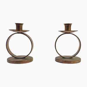 Swedish Grace Patinated Copper Circle Candleholders, 1920s, Set of 2