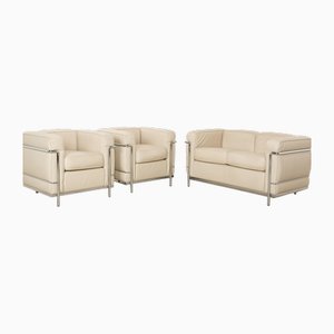 LC 2 2-Seater Sofa and Lounge Chairs in Cream Leather by Le Corbusier for Cassina, Set of 3