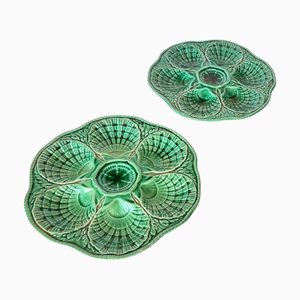 20th Century French Green Majolica Plates from Sarreguemines, Set of 2