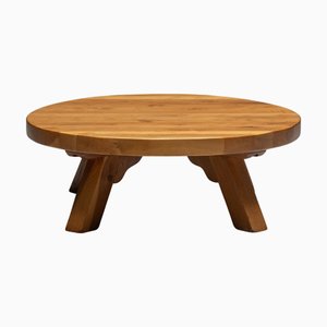 Brutalist Oak Round Coffee Table, France, 1950s