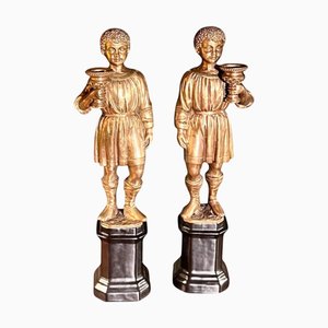 Youth Candlesticks in Brass on Black Porcelain Bases, 1920s, Set of 2