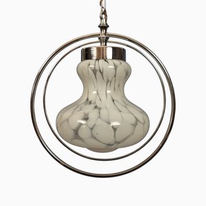 Lámpara colgante de cristal de Murano blanco con aros de metal de Nason Mazzega, 1970