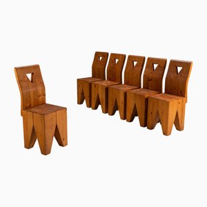 Vintage Brutalist Pinewood Chairs, 1970s, Set of 6