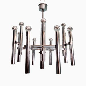 Lampadario grande geometrico in metallo cromato di Gaetano Sciolari per Massive, 1970