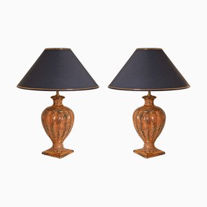 Vintage Italian Table Lamps in Pink, Blue and Gold Faux Marble Ceramic, 1980s, Set of 2