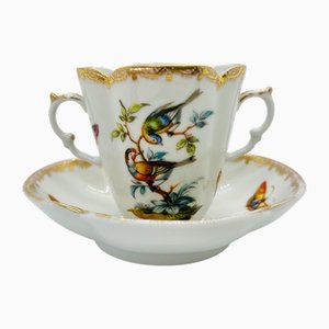 Tazza di cioccolato a due manici antica in porcellana con uccelli e farfalle di Dresda, 1879, set di 2