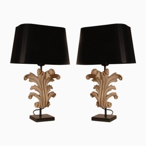Vintage French Country Acanthus Leaf Table Lamps in Carved Wood, 1990s, Set of 2