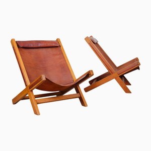 Grands Fauteuils en Bois et Cuir, 1980s, Set de 2