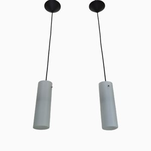 Lampade da soffitto Mid-Century minimaliste con paralumi in vetro bianco opaco, anni '60, set di 2
