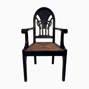 Large Antique Art Nouveau Stained Oak and Rush Weave Armchair from Heinrich Vogeler, Worpswerde, Germany, 1910s