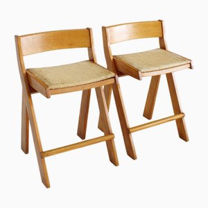 Vintage Italian Wood and Rope Bar Stools, 1970s, Set of 2