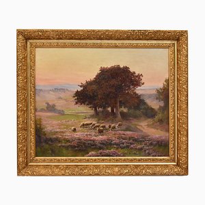 Édouard Pail, Paesaggio con brughiera e gregge francesi, anni 1890-1910, olio su tela, con cornice