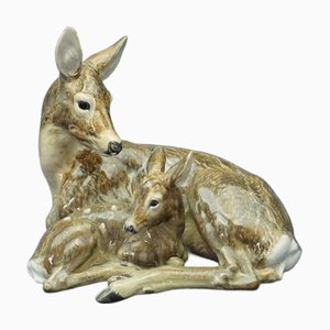 Art Deco Ceramic Sculpture of Maternity Deer with Puppy by Eduard Klablena, Austria, 1890s