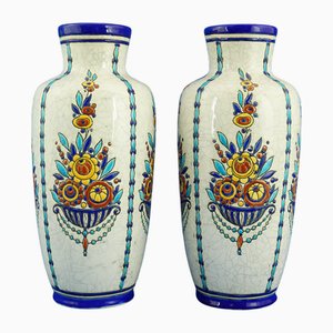 Large Art Deco Ceramic Vases with Floral Relief Decor by Charles Catteau for Boch Frérès, Belgium, 1920s, Set of 2
