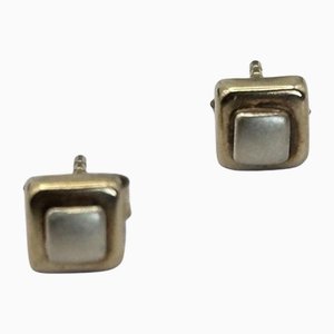 Vintage 9 Karat Yellow and White Gold Geometric Stud Earrings, Set of 2