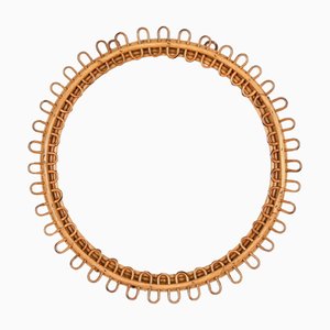 Round Curved Rattan and Bamboo Mirror attributed to Franco Albini, Italy, 1960s