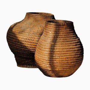 Cestini in paglia di segale intrecciata e rovi, Alvernia, Francia, inizio XX secolo, metà XIX secolo, set di 2