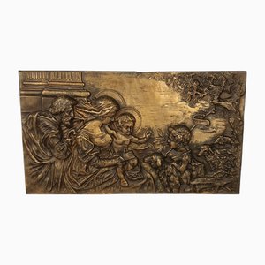 Brass and Embossed Sheet Metal High Relief Panel with Holy Family Painting, 1940s