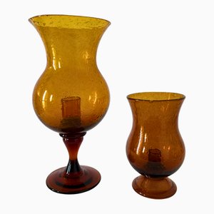 Photophores ou Bougeoirs Mid-Century en Verre Bullé Ambré de Biot, France, 1960s, Set de 2
