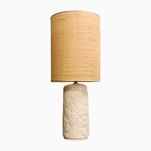 White Ceramic Table Lamp with Embossed Leaf Details and Fabric Lampshade from Vivai del Sud, Italy, 1960s