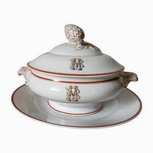 Antique French Porcelain Pillivuyt Soup Tureen with Gilded MB/BM Monogram