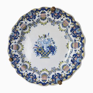 Antique French Quimper Plate with Cherub and Floral Decor and Lion Claw Brass Hanger, 19th Century