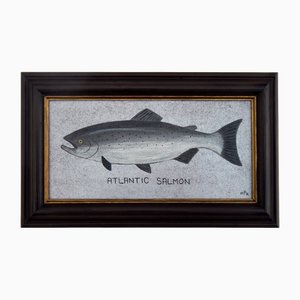Matt Rix, Naive Style Atlantic Salmon Fish, Oil on Board, 2000s, Framed