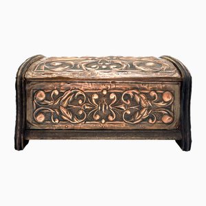 Antique Wooden Box with Floral Copper Fittings, 1890s