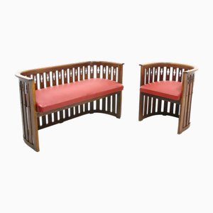 Viennese Arts & Crafts Oak Sofa and Chair, 1920s, Set of 2