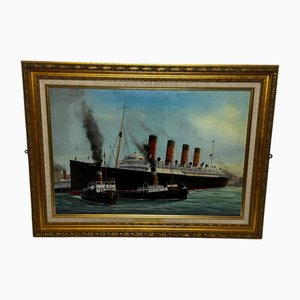 Artista britannico, rimorchiatori Egerton e Wellington attraccano la nave RMS Mauretania al molo di Liverpool, olio su tela, con cornice