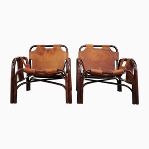 Set of Bamboo and Natural Leather Chairs by Tito Agnoli, 1970s