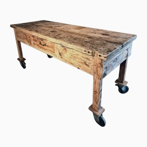 Vintage French Pine Work Table with Drawer and Castors, 1930s