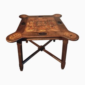 Mid-20th Century French Elm Marquetry Game Table with Intarsia Inlay and Round Corner Cutouts, 1950s