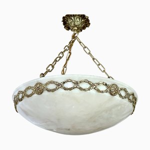 French Art Deco Alabaster and Bronze Pendant Light, 1930s