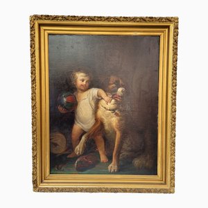 Französischer Schulkünstler, Porträt eines Jungen mit Hund, 1800er, Öl auf Leinwand, gerahmt