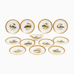 Porcelain Plates and Sauce Boat Fish Decoration from Limoges, 1980s, Set of 13