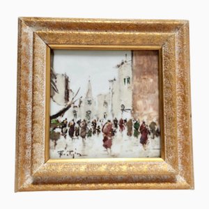 John Nighland, Italian Street Scene, 1950s, Oil on Ceramic, Framed