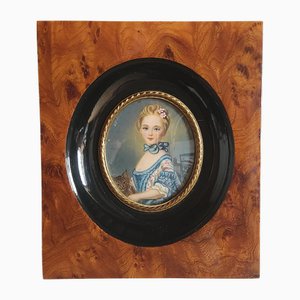 Ritratto a olio in miniatura di giovane donna e gatto