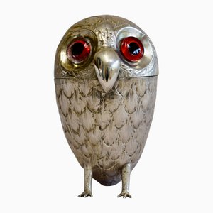 Vintage Silver Plated Owl Novelty Mustard Pot with Glass Eyes, 1920s