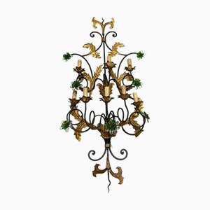Large Italian Tole Wall Light with Murano Glass Flowers, 1960s